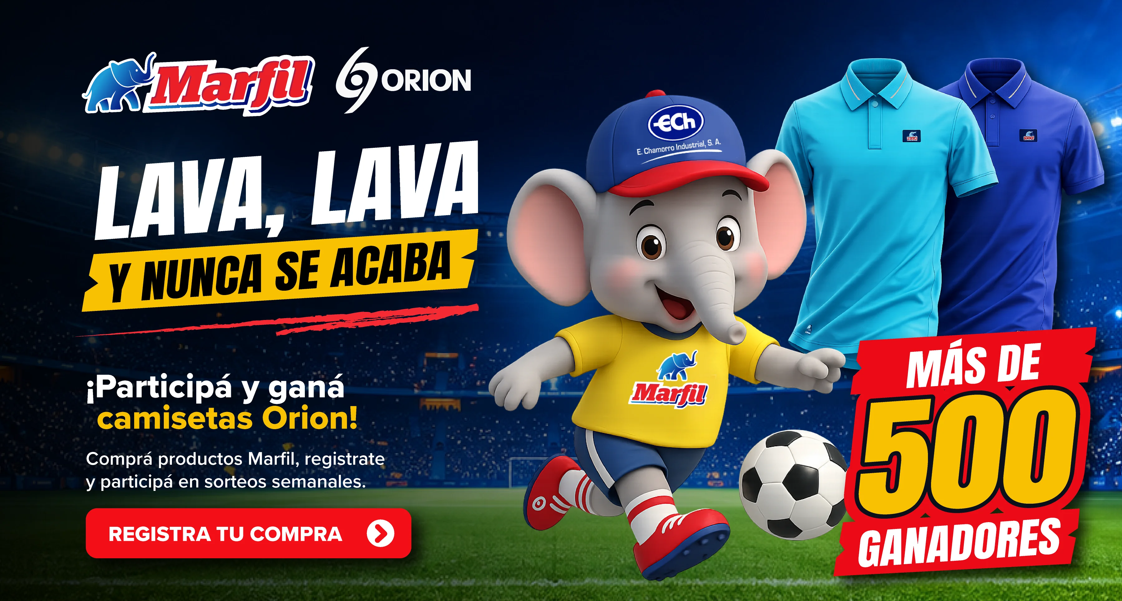 Marfil × Orion. El campeón de tu hogar te premia. ¡Participá y ganá camisetas Orion! Comprá productos Marfil y participá en sorteos semanales. Más de 500 ganadores.